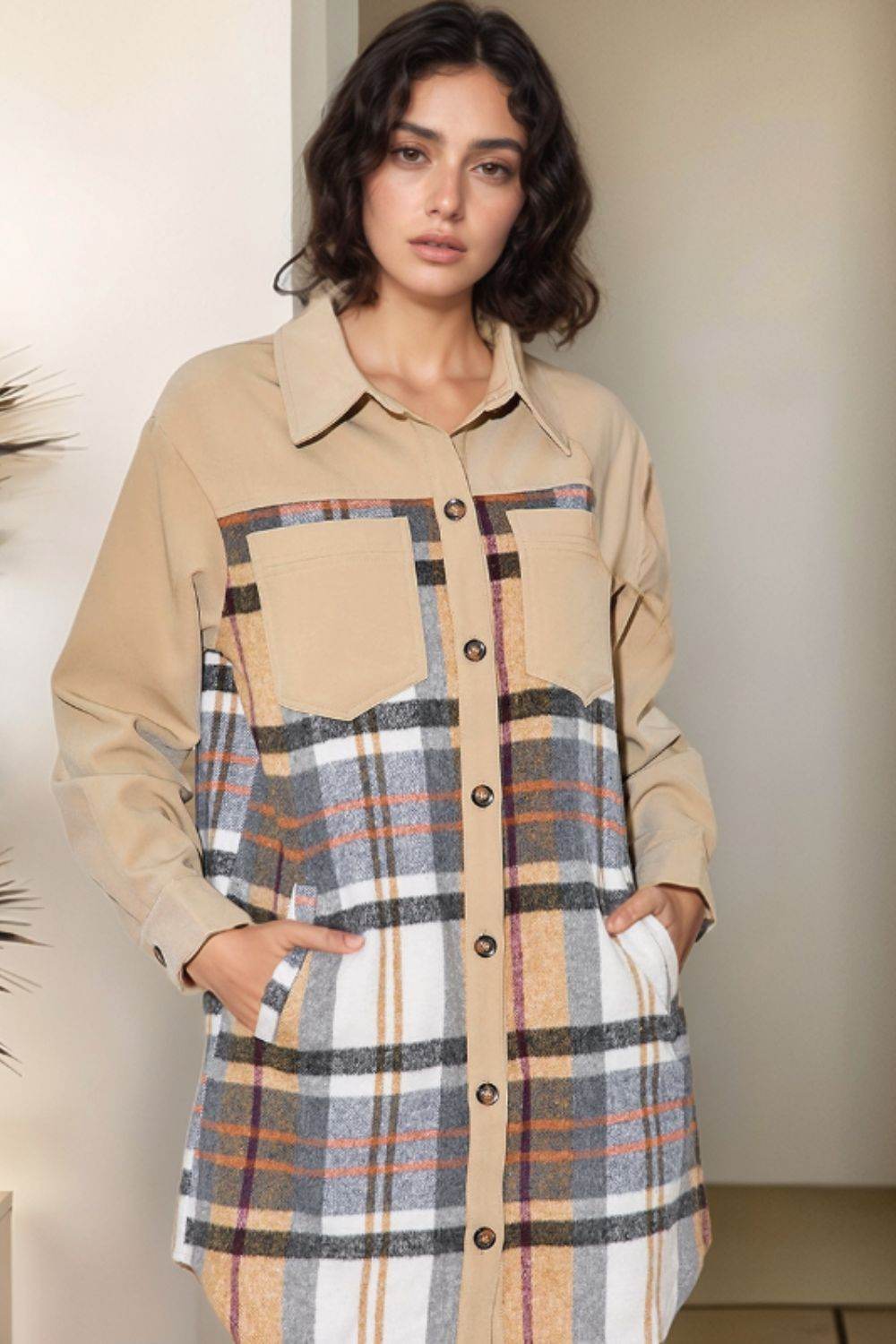 Pocketed Plaid Long Sleeve Mini Shirt Dress Khaki for a perfect OOTD – dress to impress outfits from Amexza