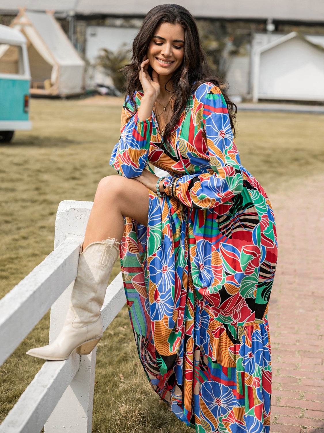 Printed Smocked Tie Neck Balloon Sleeve Maxi Dress - Amexza