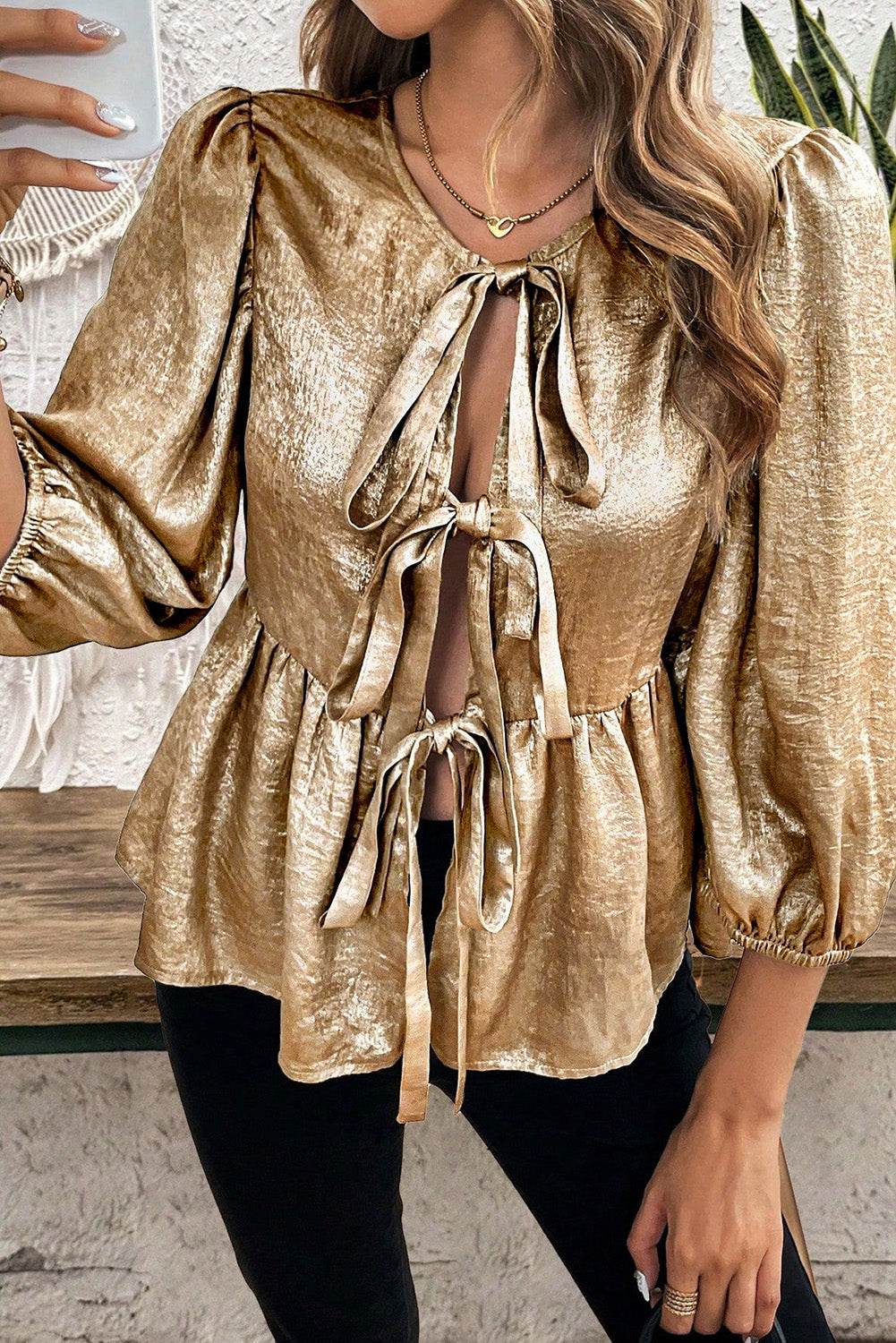 Tied Peplum Three-Quarter Sleeve Blouse Gold for a perfect OOTD – dress to impress outfits from Amexza