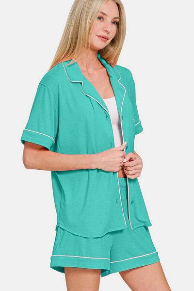 Zenana Button Down Short Sleeve Top and Shorts Lounge Set for a perfect OOTD – dress to impress outfits from Amexza