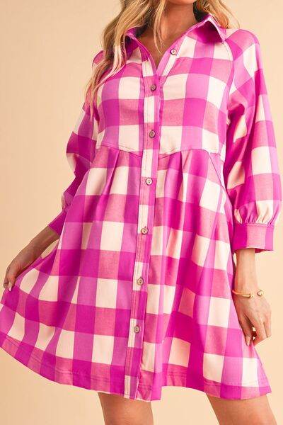 Ruched Plaid Three-Quarter Sleeve Shirt Dress for a perfect OOTD – dress to impress outfits from Amexza