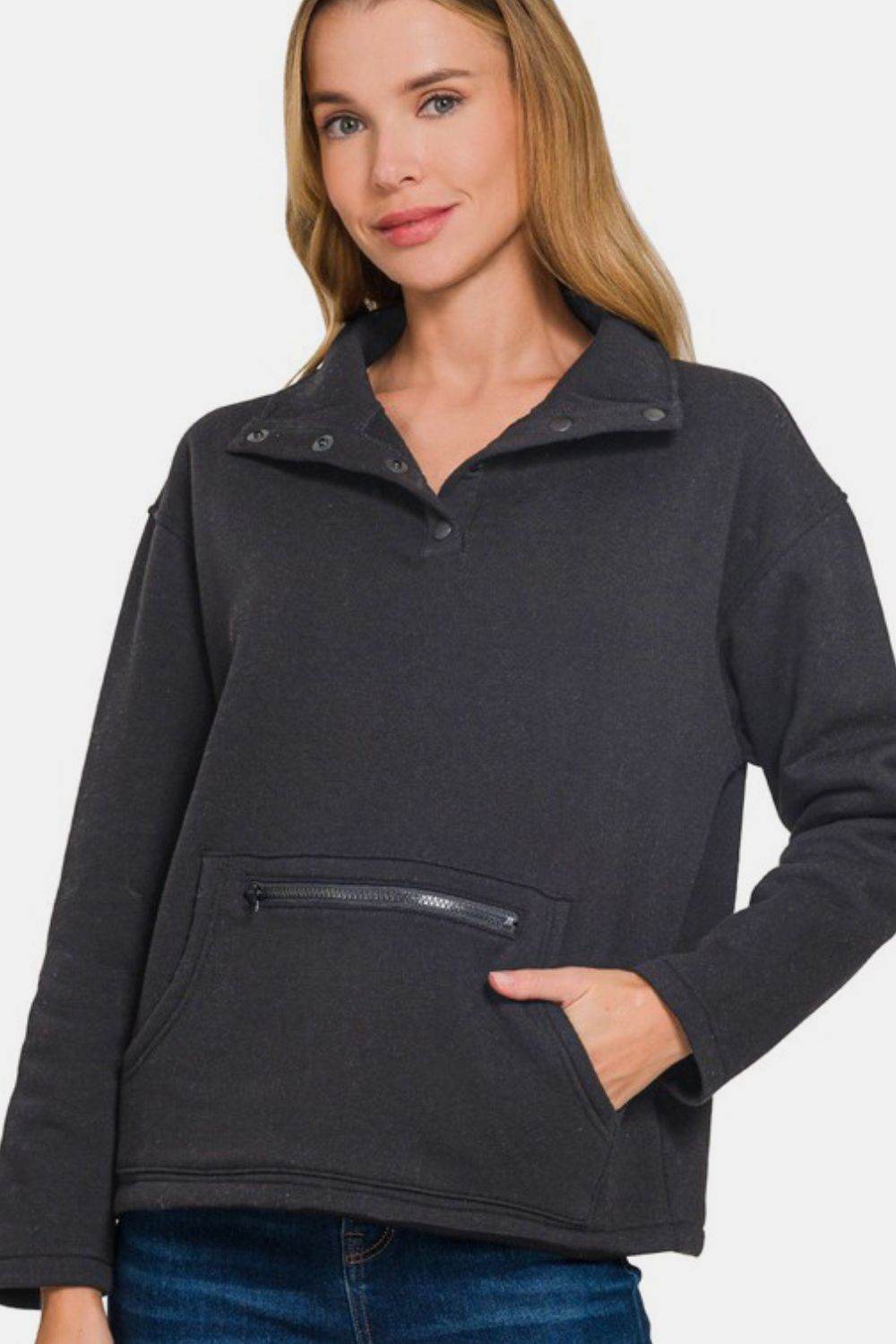 Zenana Turtleneck Half Snap Fleece Sweatshirt - Amexza