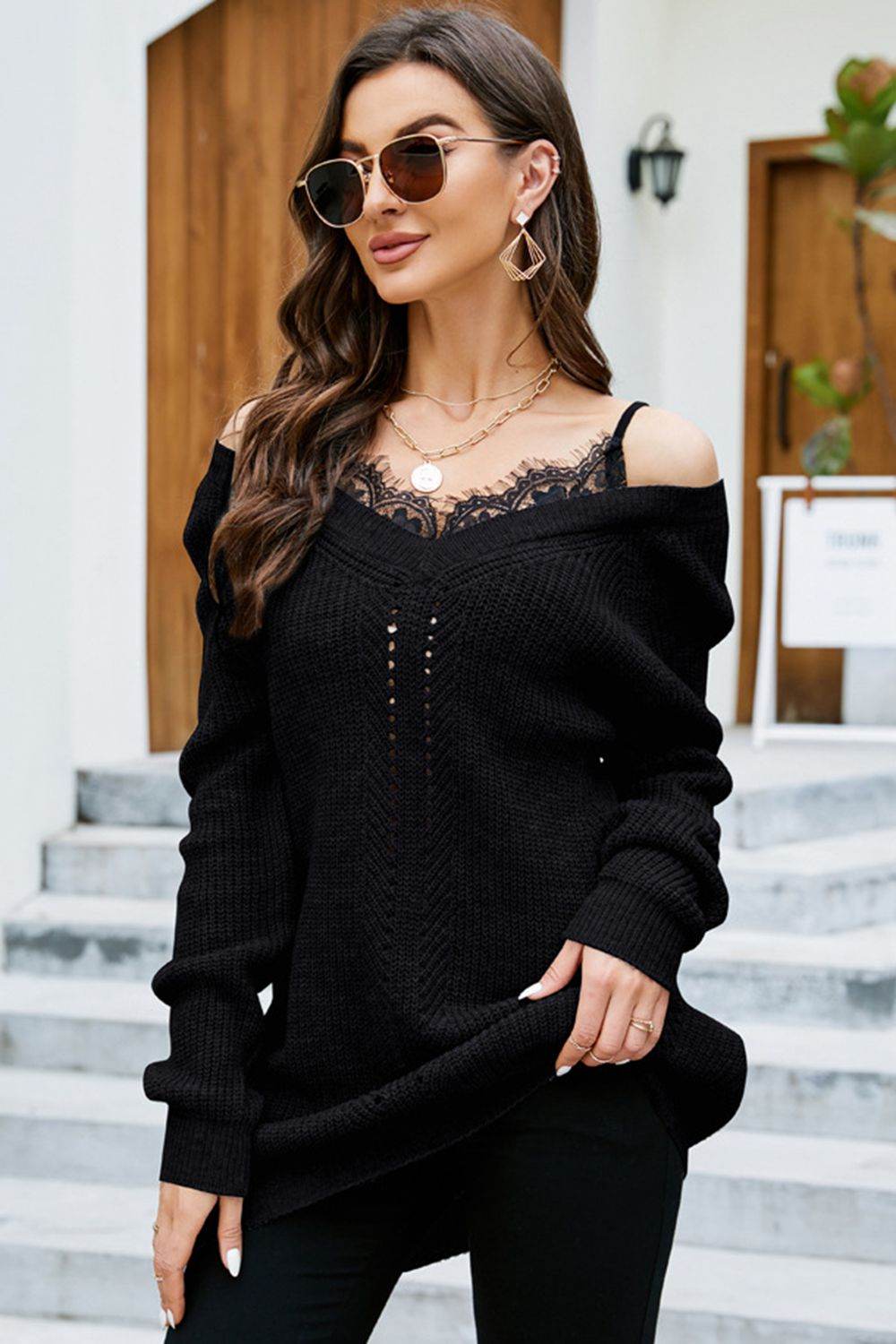 Openwork V-Neck Long Sleeve Sweater Black for a perfect OOTD – dress to impress outfits from Amexza