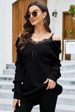 Openwork V-Neck Long Sleeve Sweater Black for a perfect OOTD – dress to impress outfits from Amexza