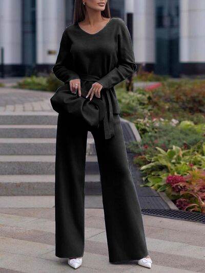 V-Neck Long Sleeve Top and Drawstring Pants Sweater Set Black One Size for a perfect OOTD – dress to impress outfits from Amexza