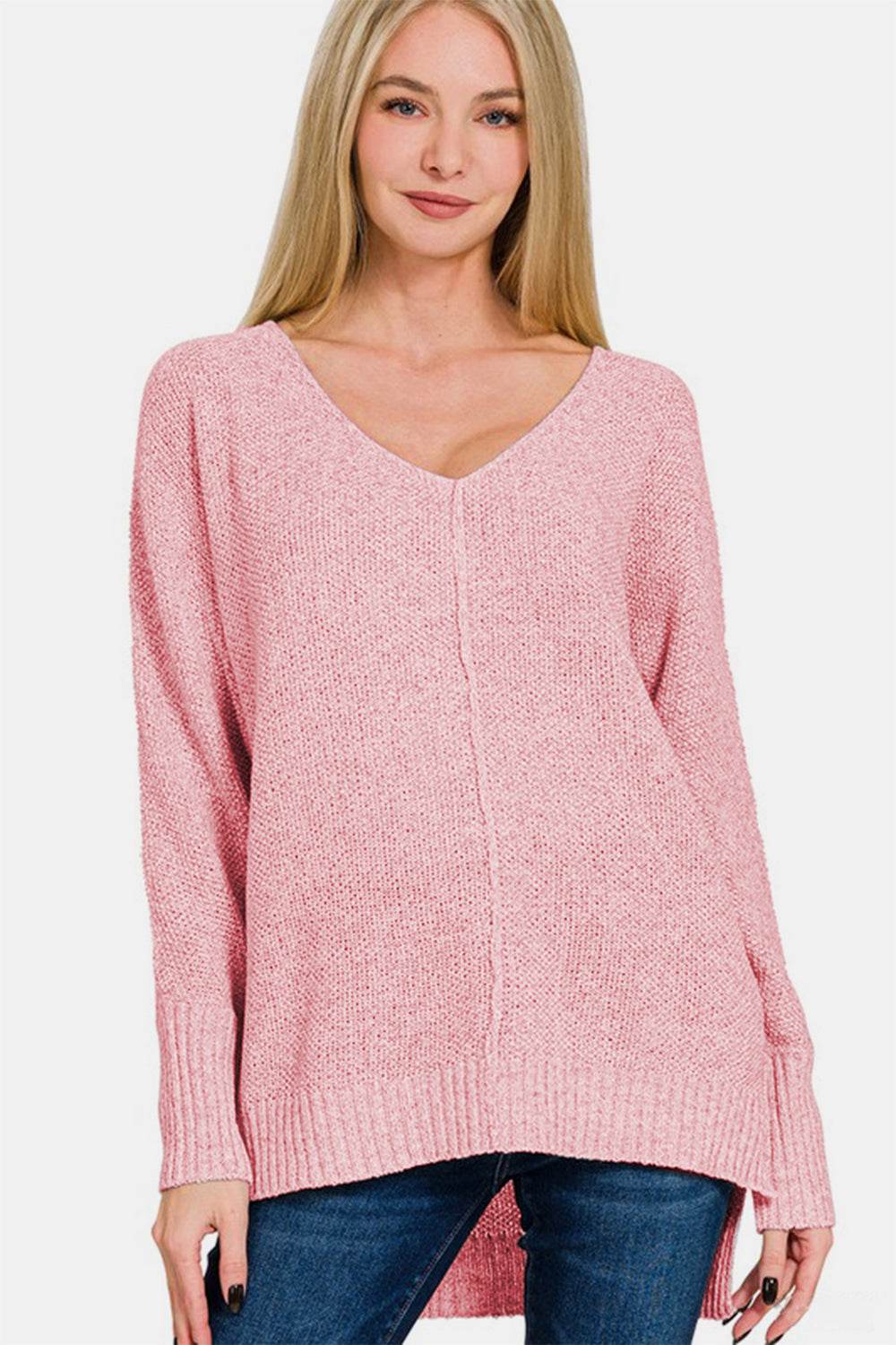 Zenana High-Low Center Seam V-Neck Sweater Dusty Pink for a perfect OOTD – dress to impress outfits from Amexza