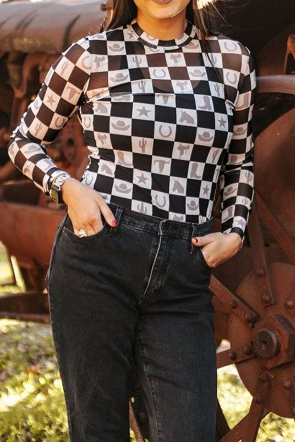 Checkered Mock Neck Long Sleeve Top for a perfect OOTD – dress to impress outfits from Amexza