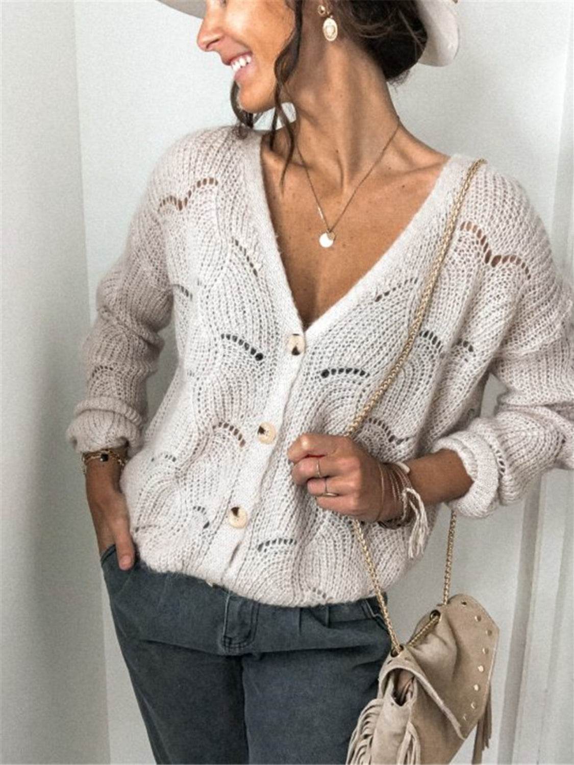 Openwork Button Up Long Sleeve Cardigan for a perfect OOTD – dress to impress outfits from Amexza