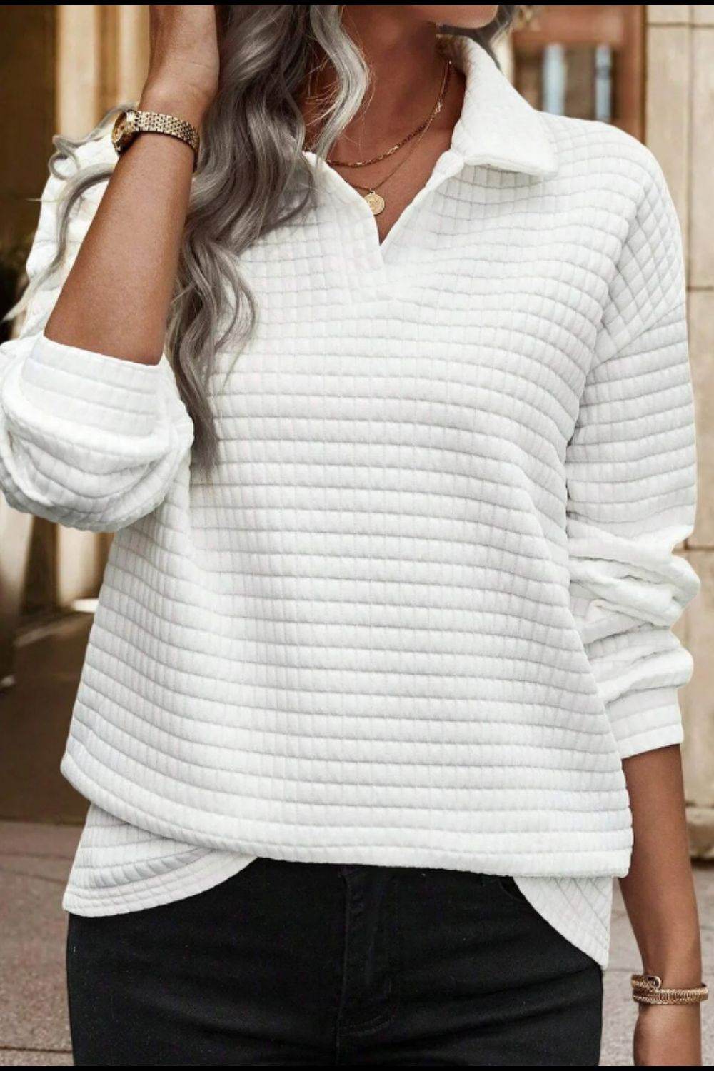 Texture Johnny Collar Long Sleeve Sweatshirt - Amexza