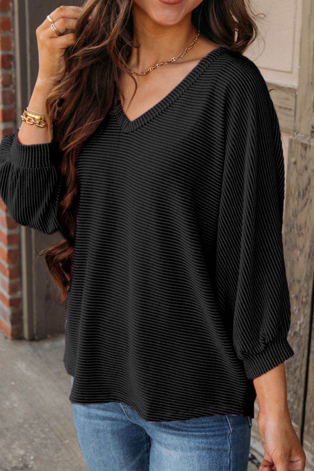 Texture V-Neck Long Sleeve Top for a perfect OOTD – dress to impress outfits from Amexza