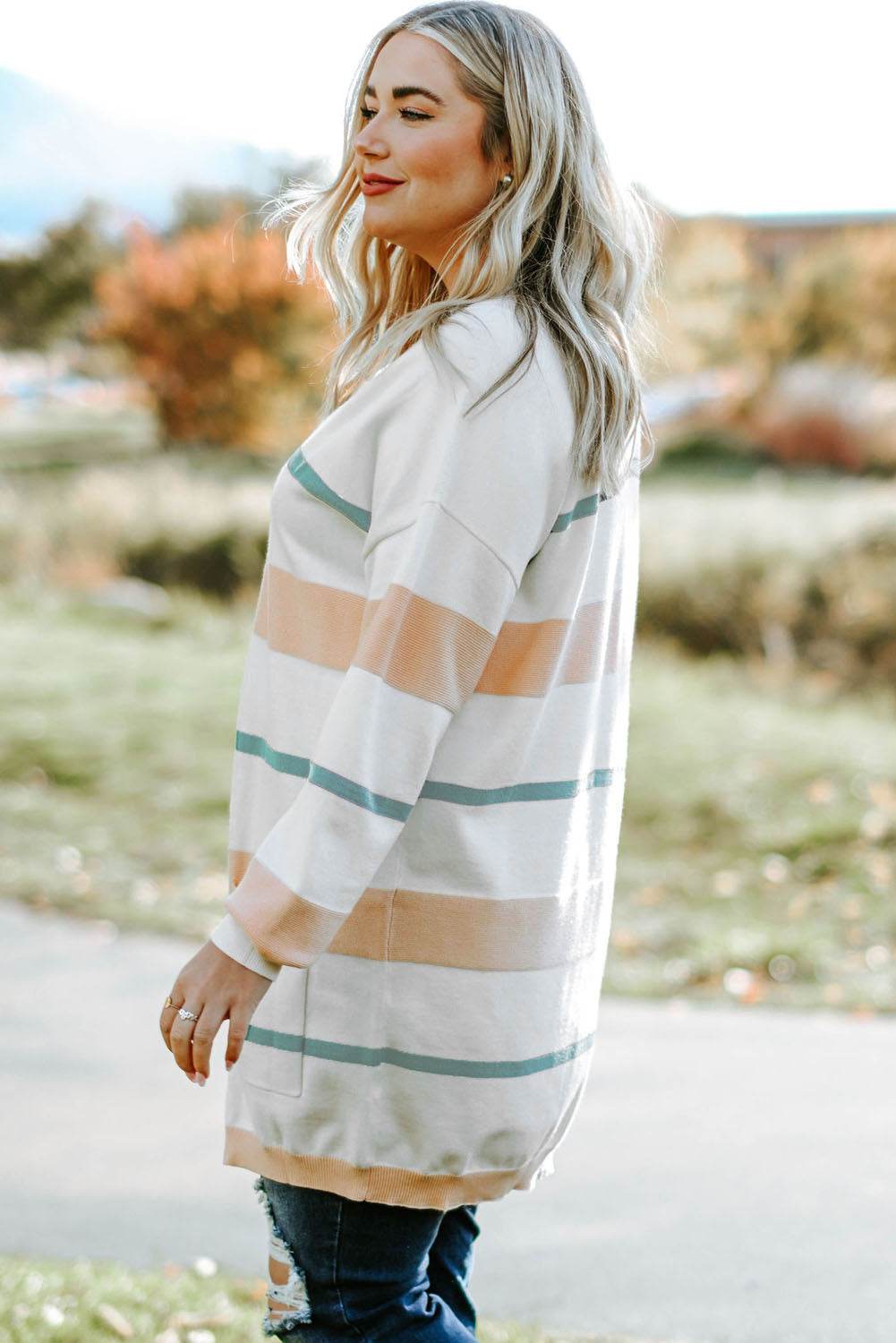 Plus Size Striped Open Front Cardigan for a perfect OOTD – dress to impress outfits from Amexza