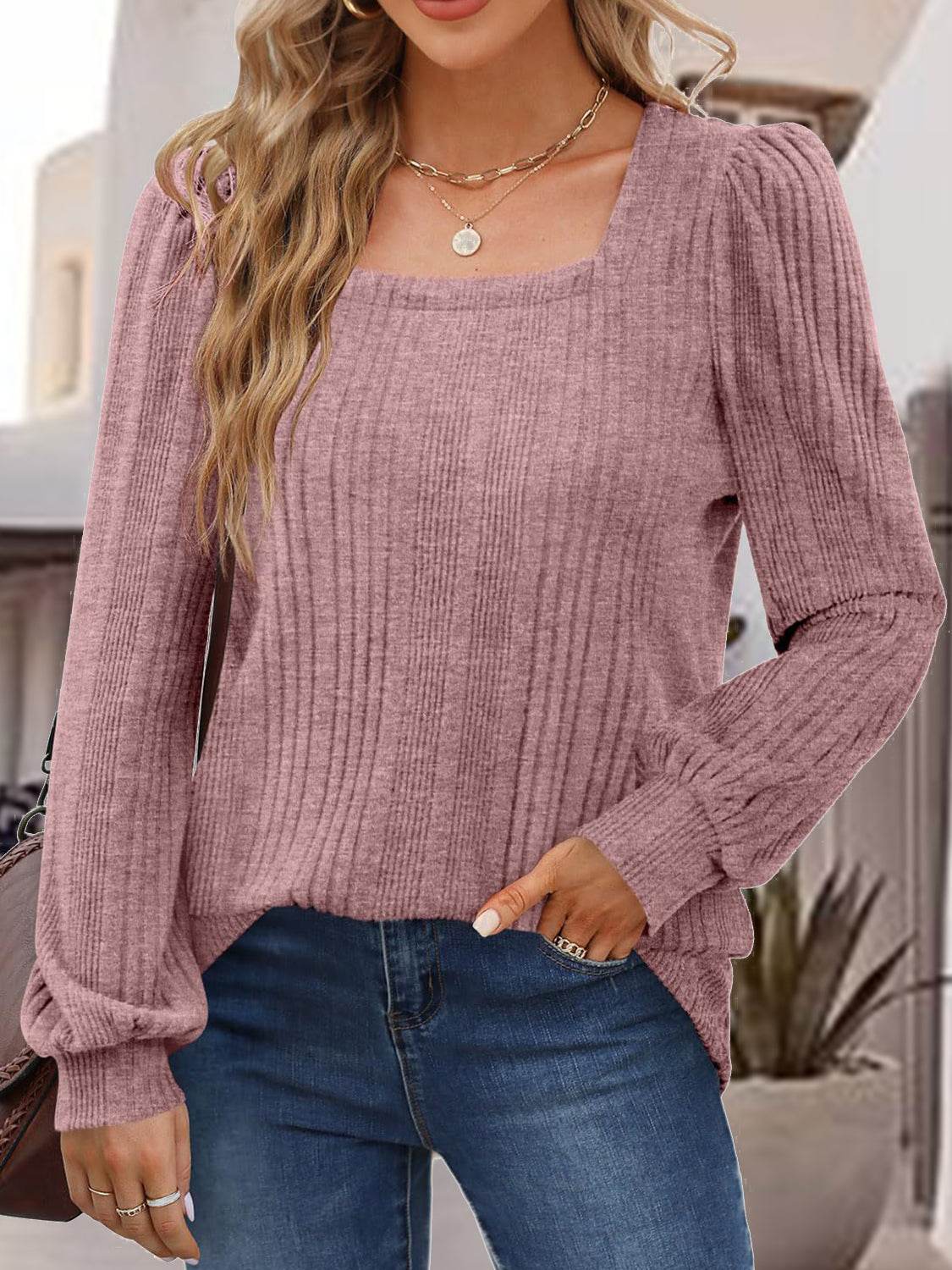 Square Neck Long Sleeve Top Dusty Pink for a perfect OOTD – dress to impress outfits from Amexza