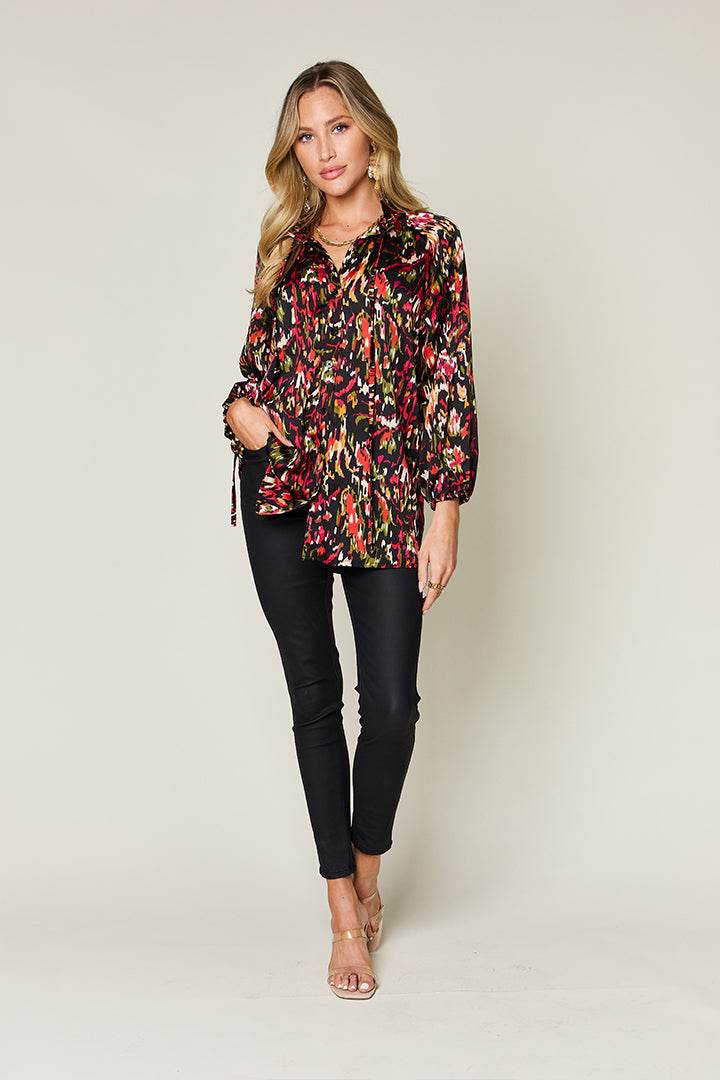 Double Take Full Size Printed Button Up Long Sleeve Shirt - Amexza