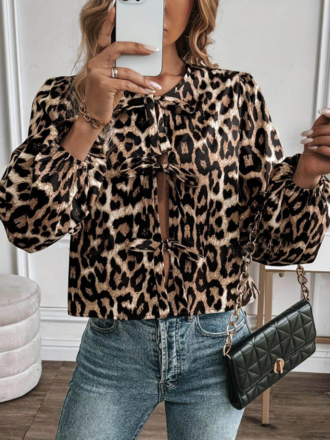 Tied Leopard Round Neck Long Sleeve Top for a perfect OOTD – dress to impress outfits from Amexza