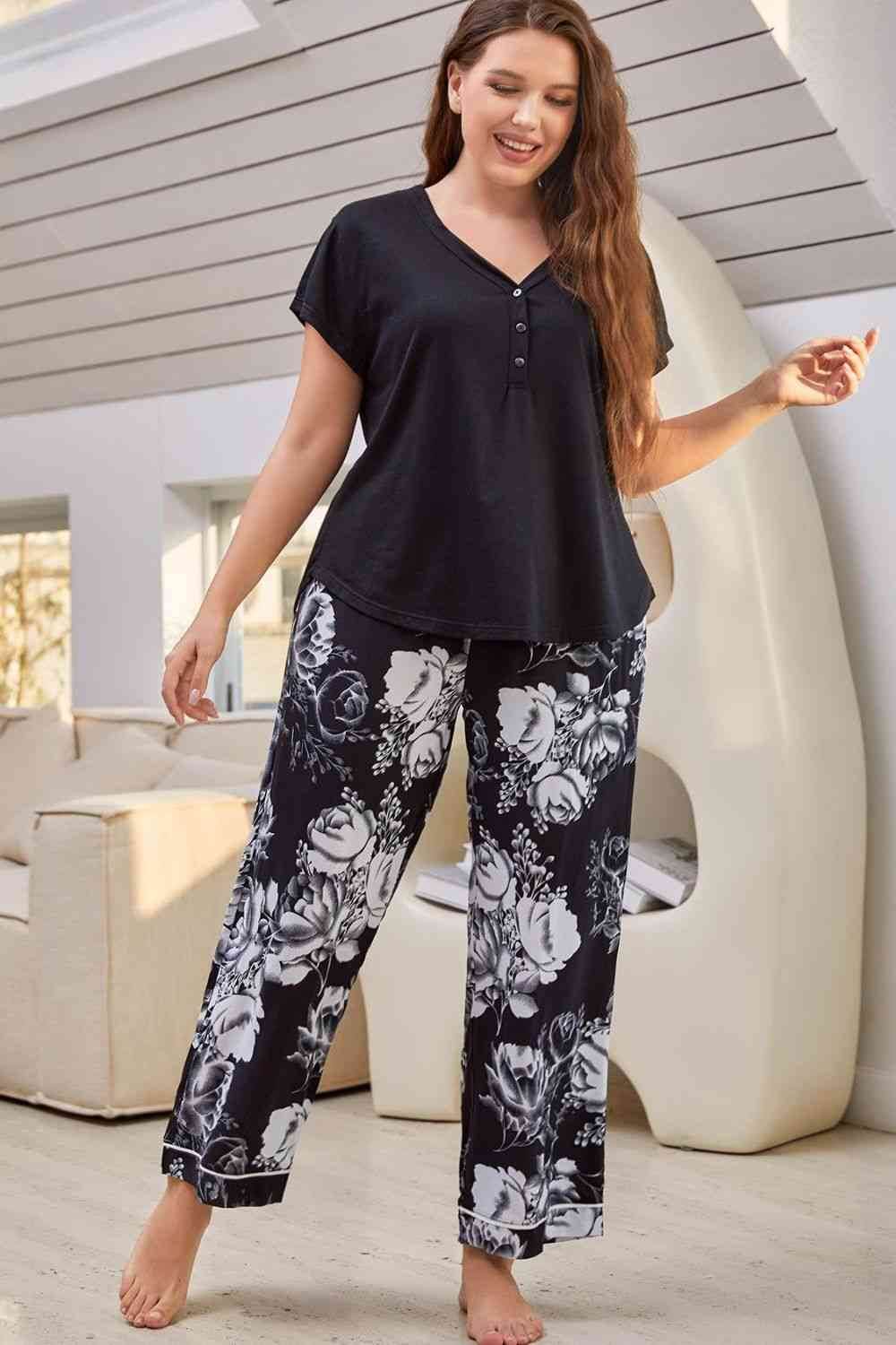 Full Size V-Neck Top and Floral Pants Lounge Set for a perfect OOTD – dress to impress outfits from Amexza