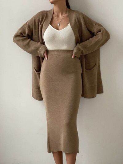 Pocketed Long Sleeve Cardigan and Skirt Sweater Set - Amexza