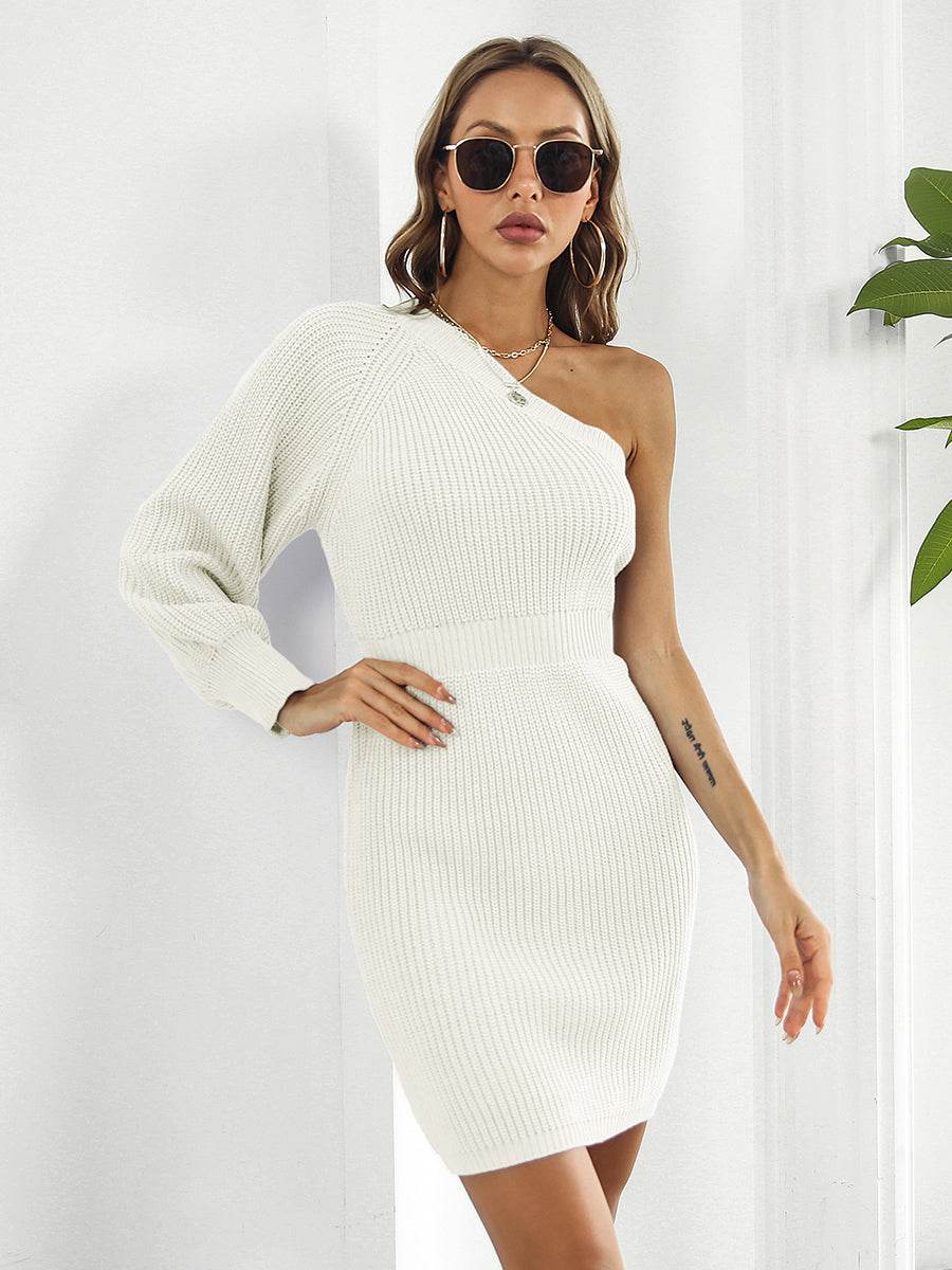 One-Shoulder Mini Sweater Dress - Amexza