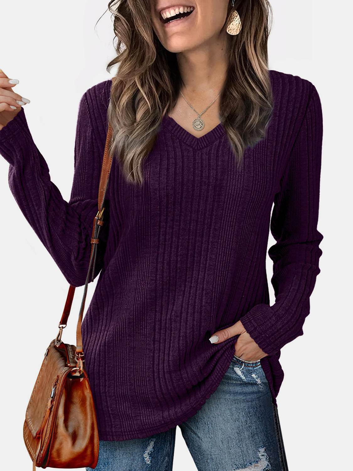 V-Neck Long Sleeve T-Shirt Plum Purple for a perfect OOTD – dress to impress outfits from Amexza