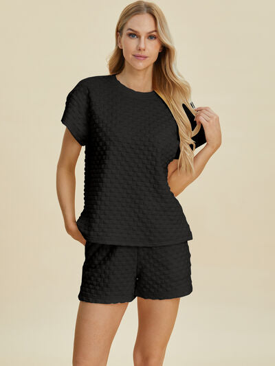 Double Take Full Size Texture T-Shirt and Shorts Set for a perfect OOTD – dress to impress outfits from Amexza