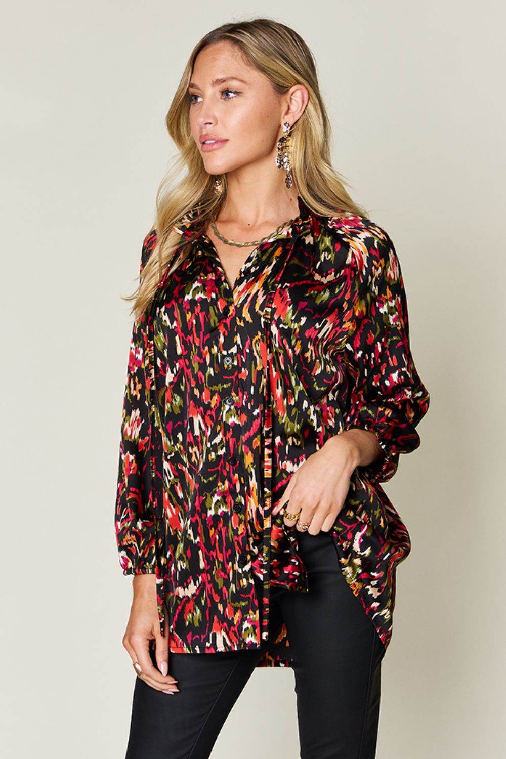 Double Take Full Size Printed Button Up Long Sleeve Shirt Black for a perfect OOTD – dress to impress outfits from Amexza