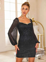 Pearl Trim Sweetheart Neck Long Sleeve Mini Dress for a perfect OOTD – dress to impress outfits from Amexza