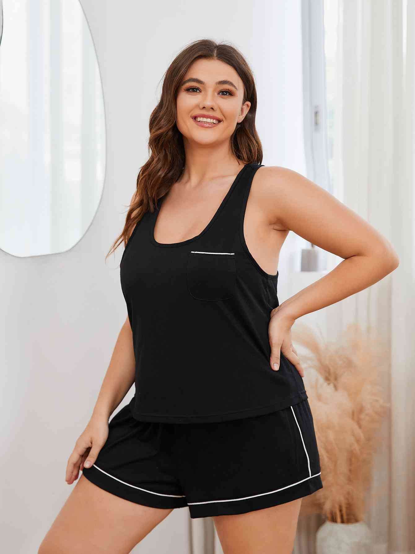 Plus Size Contrast Piping Racerback Tank and Shorts Lounge Set for a perfect OOTD – dress to impress outfits from Amexza