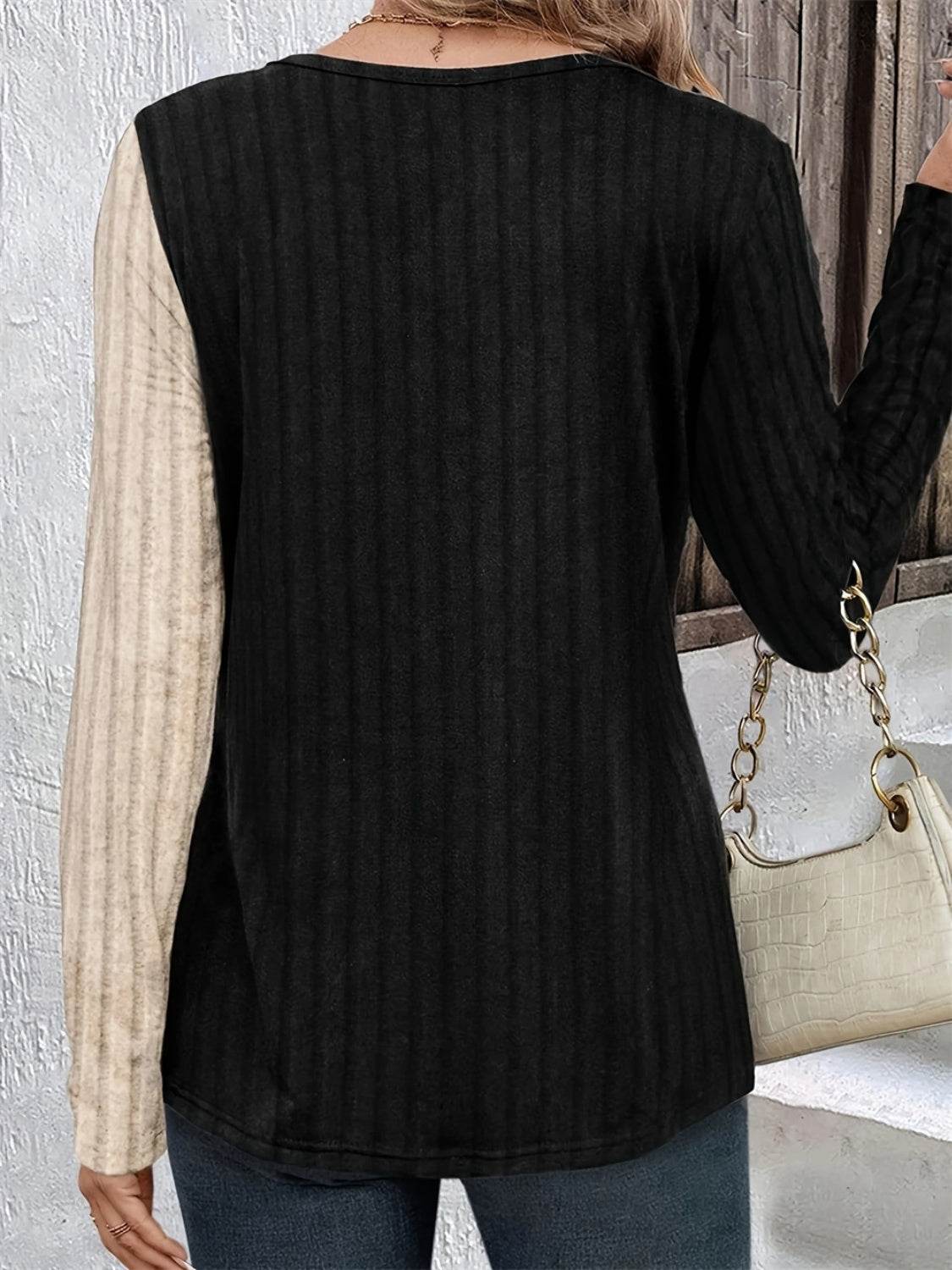 Decorative Button Contrast Round Neck Long Sleeve T-Shirt for a perfect OOTD – dress to impress outfits from Amexza