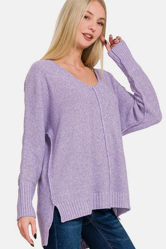 Zenana High-Low Center Seam V-Neck Sweater for a perfect OOTD – dress to impress outfits from Amexza