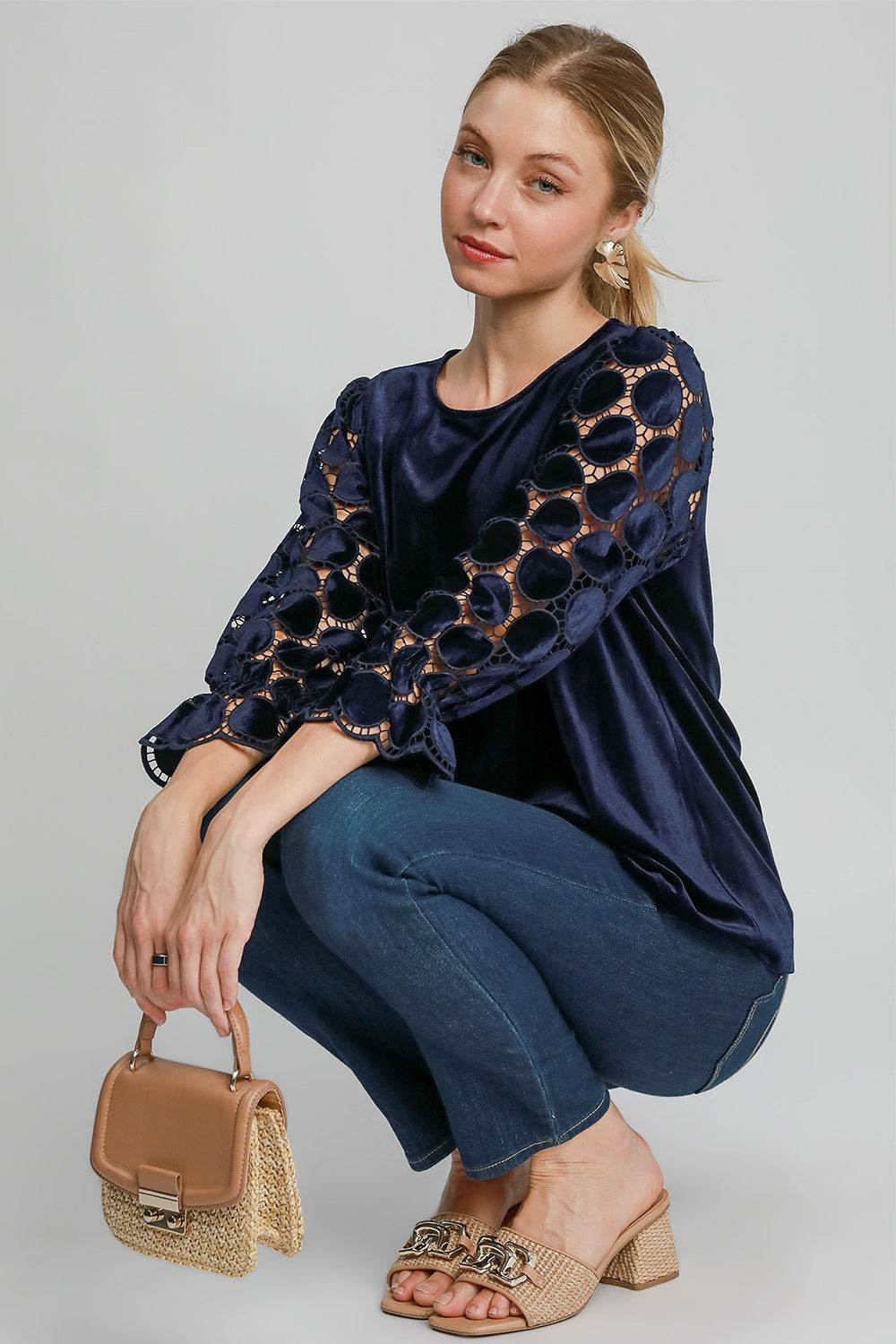 Umgee Polka Dot Lace Long Sleeve Round Neck Blouse for a perfect OOTD – dress to impress outfits from Amexza