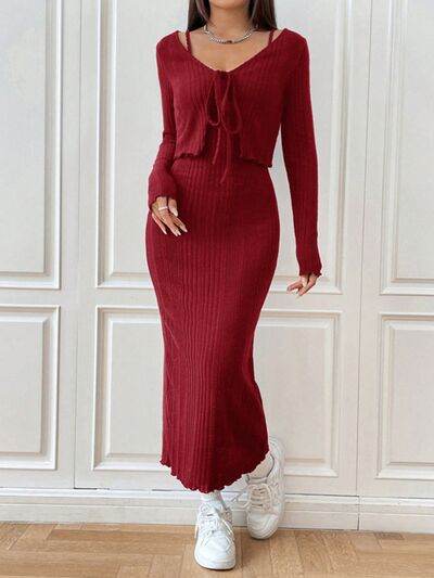 Cami Dress and Tied Long Sleeve Cardigan Set Burgundy for a perfect OOTD – dress to impress outfits from Amexza