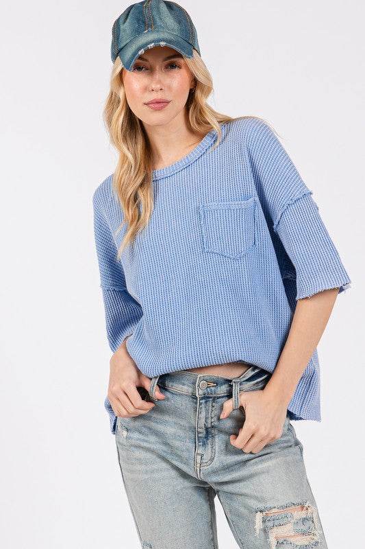 SAGE + FIG Exposed Seam Round Neck Half Sleeve T-Shirt - Amexza