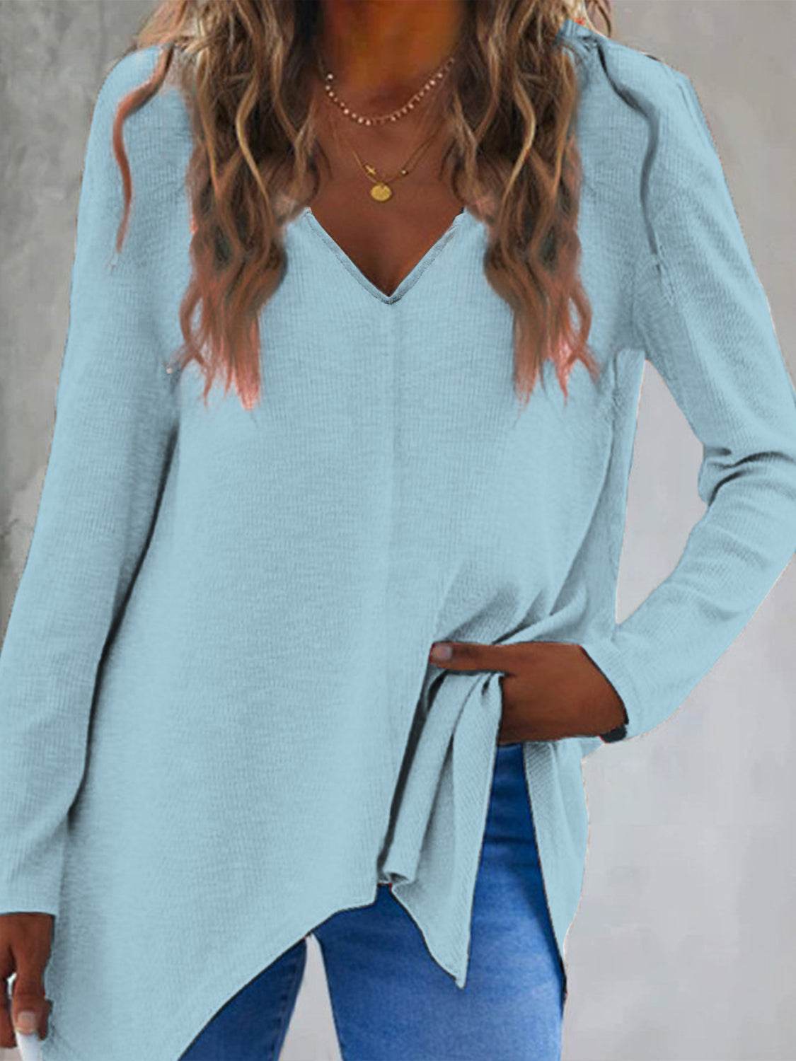 Full Size V-Neck Long Sleeve T-Shirt Pastel Blue for a perfect OOTD – dress to impress outfits from Amexza