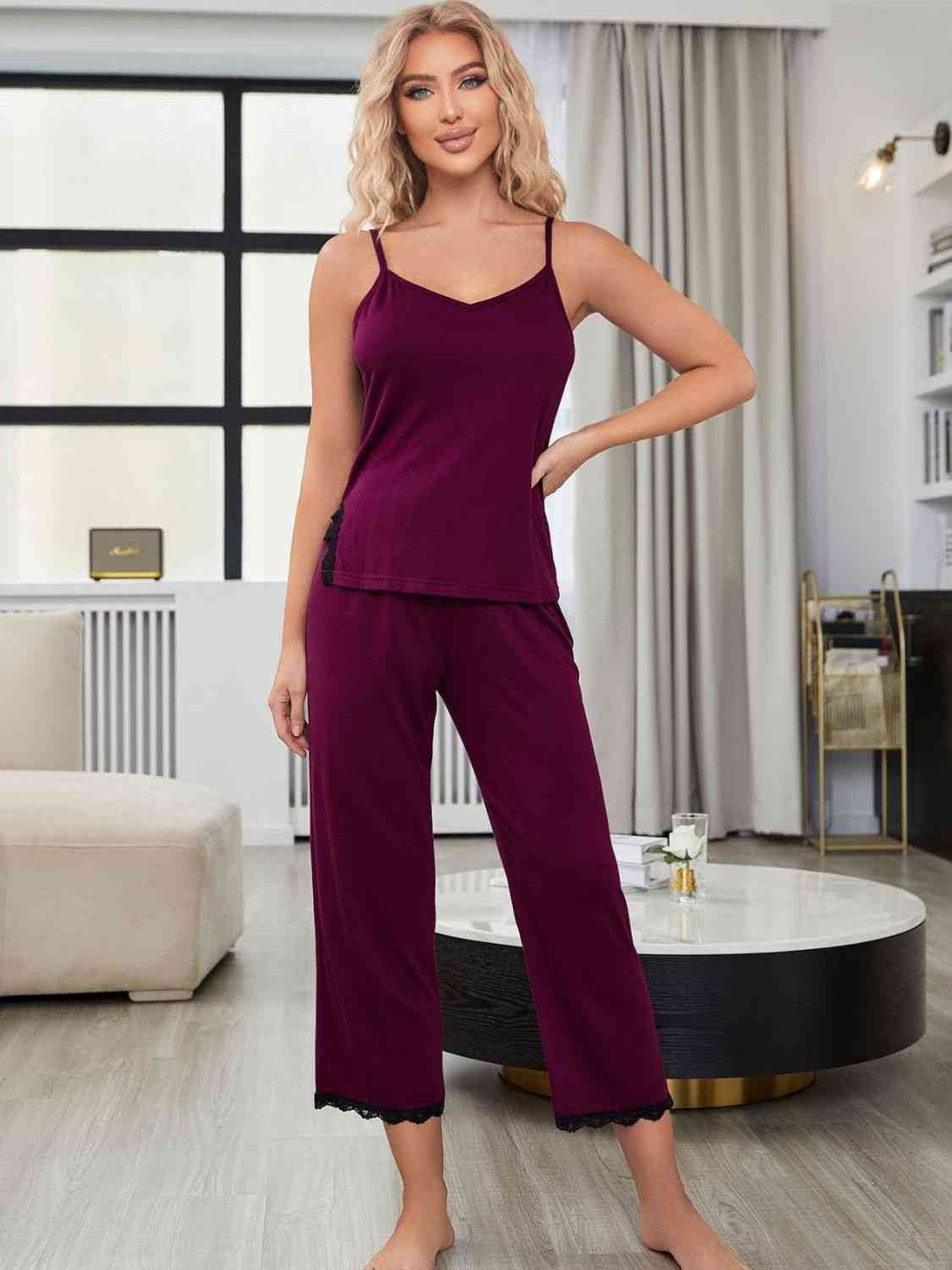 V-Neck Lace Trim Slit Cami and Pants Pajama Set Magenta for a perfect OOTD – dress to impress outfits from Amexza