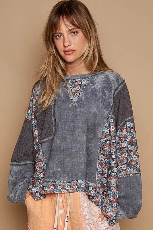 POL Floral Patchwork Round Neck Knit Top Gray for a perfect OOTD – dress to impress outfits from Amexza