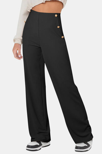 Decorative Button High Rise Pants Black for a perfect OOTD – dress to impress outfits from Amexza