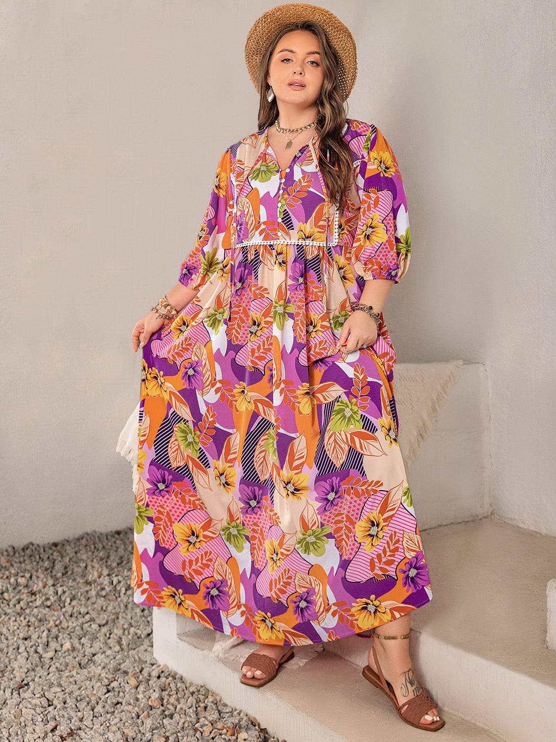 Plus Size Printed Tie Neck Maxi Dress for a perfect OOTD – dress to impress outfits from Amexza