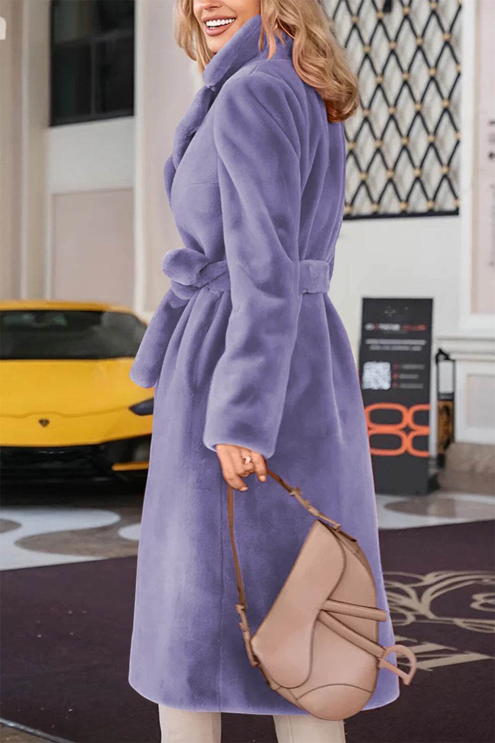 Full Size Fuzzy Tied Collared Neck Coat Lavender for a perfect OOTD – dress to impress outfits from Amexza