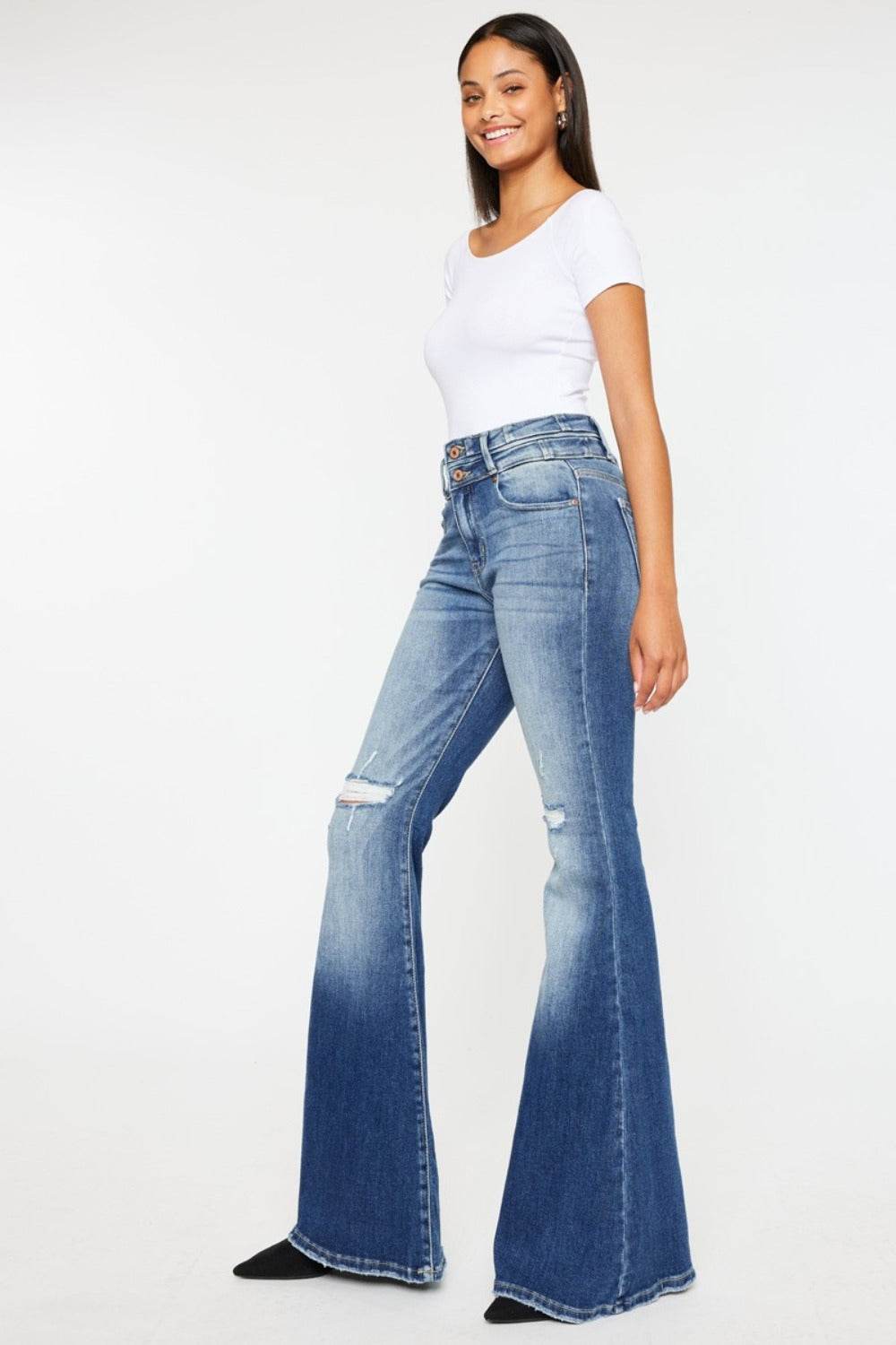 Kancan High Rise Wide Waistband Flare Jeans - Amexza
