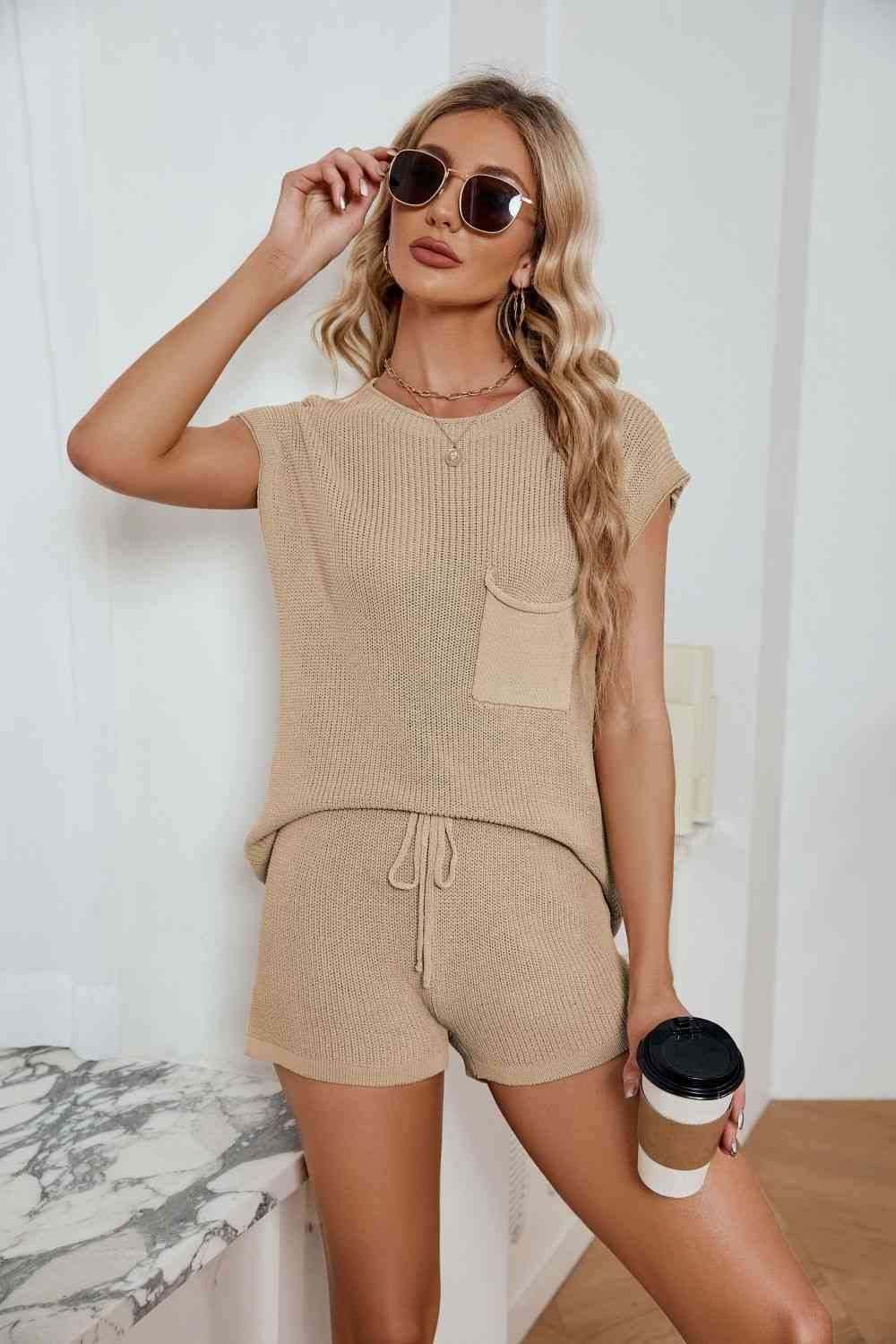 Round Neck Knit Top and Drawstring Shorts Set Khaki for a perfect OOTD – dress to impress outfits from Amexza