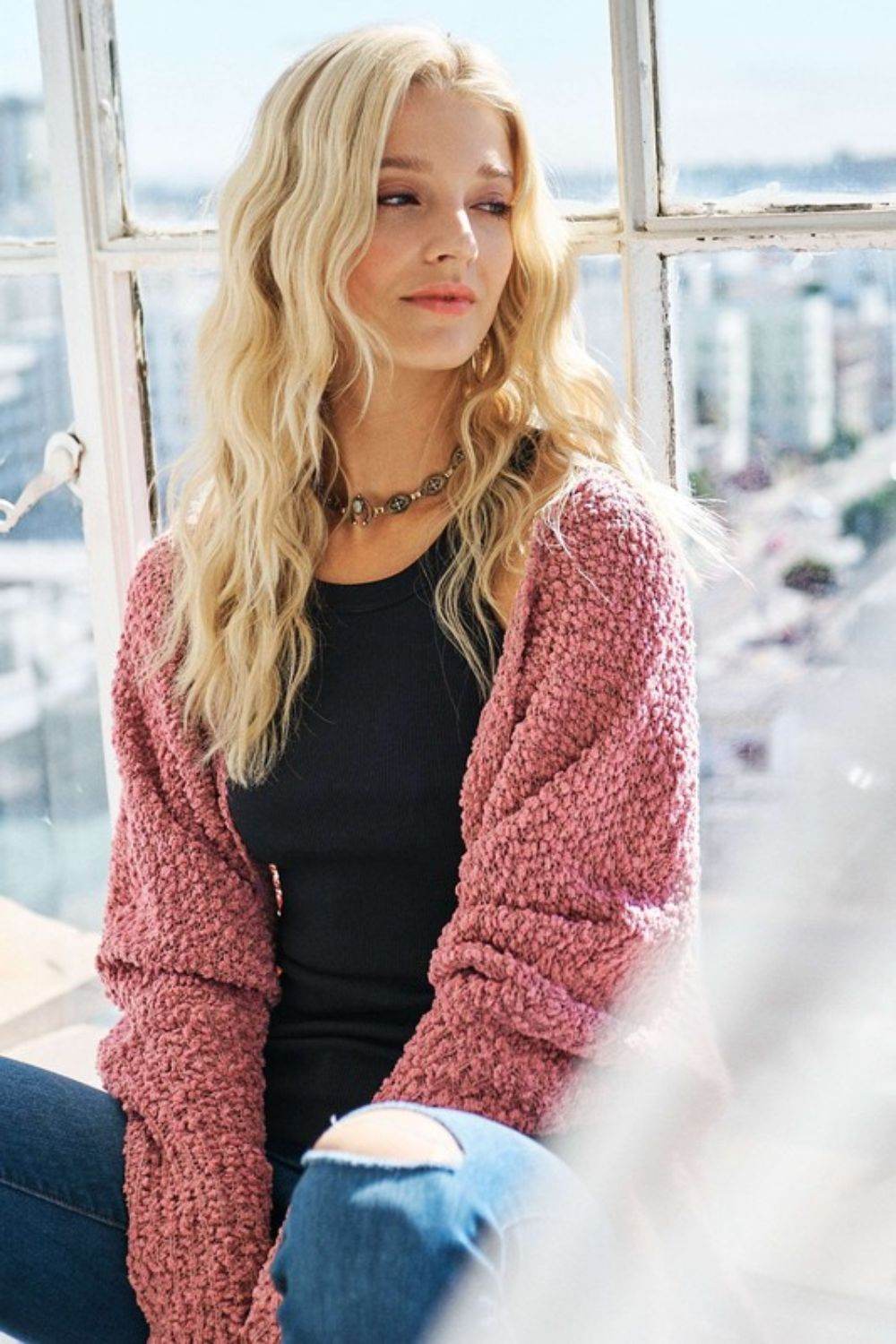 ADORA Popcorn Knit Open Front Long Sleeve Cardigan MAUVE One Size for a perfect OOTD – dress to impress outfits from Amexza