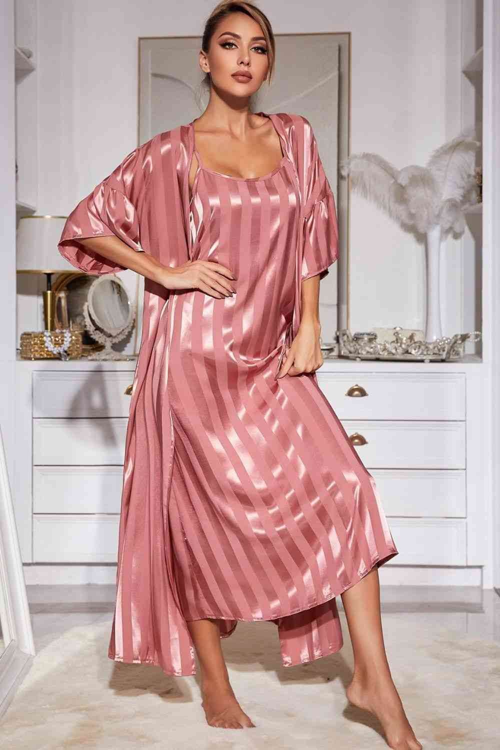 Striped Flounce Sleeve Open Front Robe and Cami Dress Set for a perfect OOTD – dress to impress outfits from Amexza