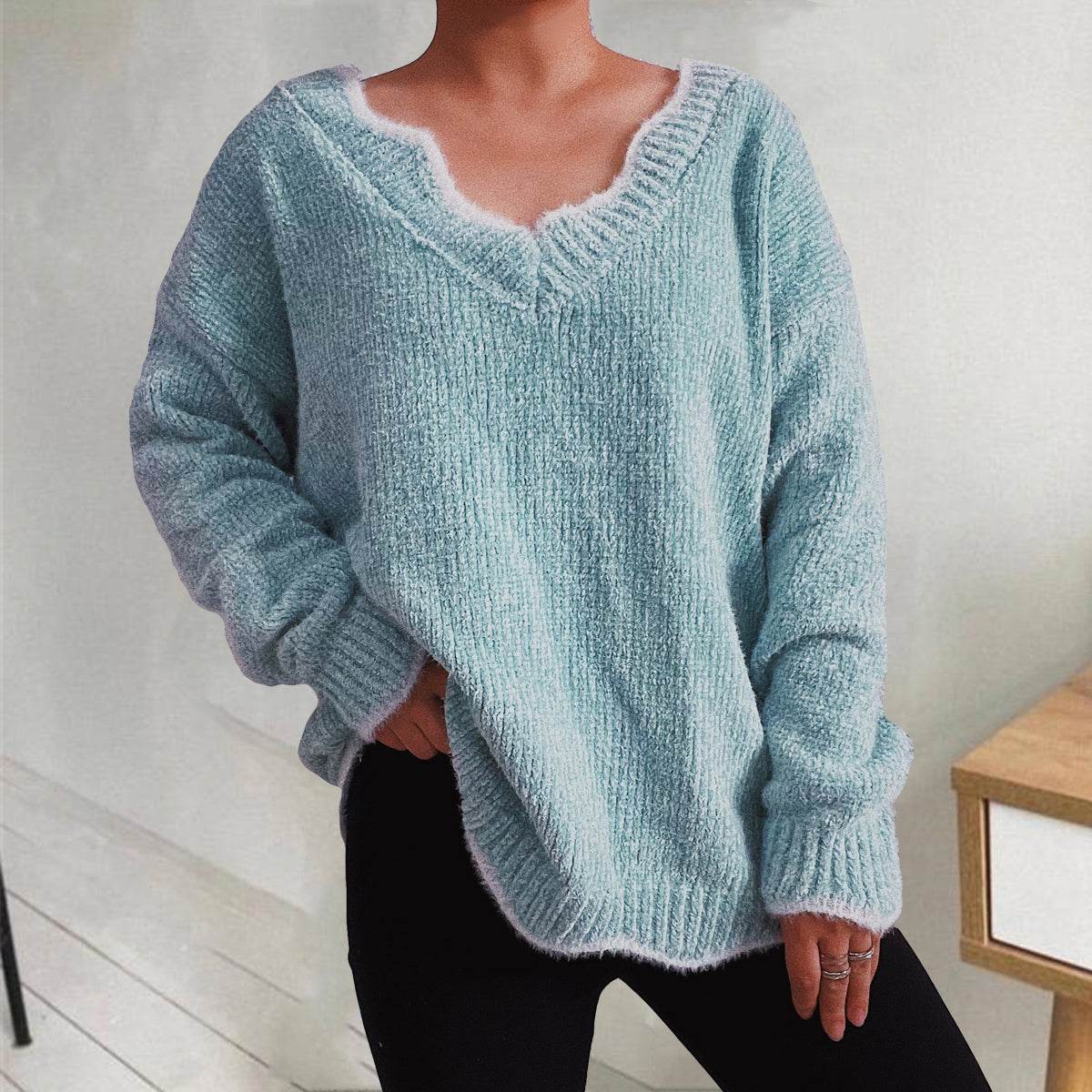 V-Neck Drop Shoulder Long Sleeve Sweater for a perfect OOTD – dress to impress outfits from Amexza