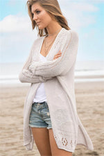 Openwork Side Slit Open Front Long Sleeve Cardigan - Amexza