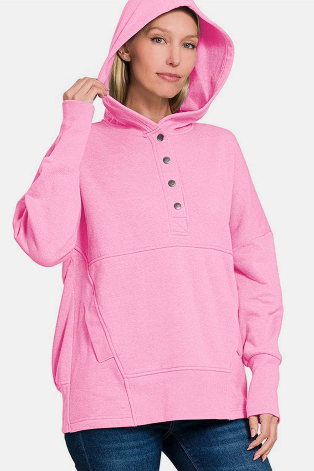 Zenana Half Snap Long Sleeve Hoodie with Kangaroo Pocket - Amexza