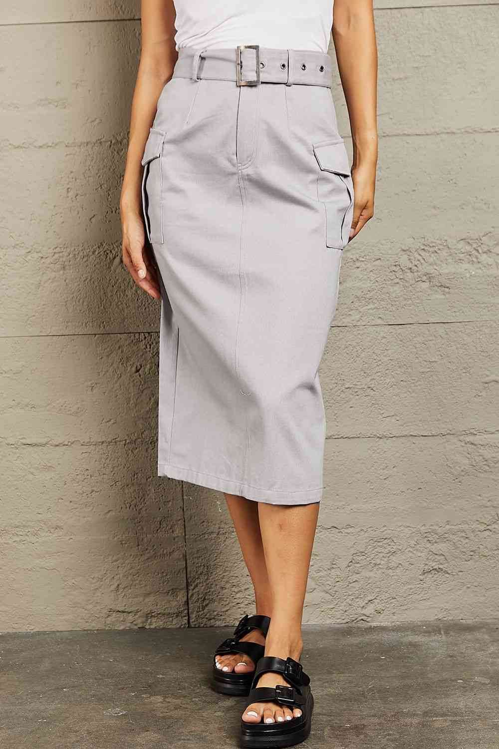 HYFVE Professional Poise Buckled Midi Skirt Light Gray for a perfect OOTD – dress to impress outfits from Amexza