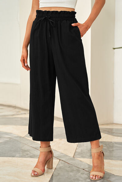 Drawstring Paperbag Waist Wide Leg Pants Black for a perfect OOTD – dress to impress outfits from Amexza