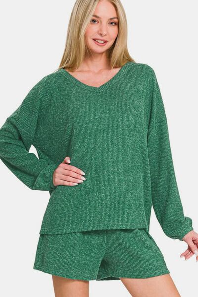 Zenana V-Neck Long Sleeve Ribbed Top and Shorts Set Dark Green for a perfect OOTD – dress to impress outfits from Amexza