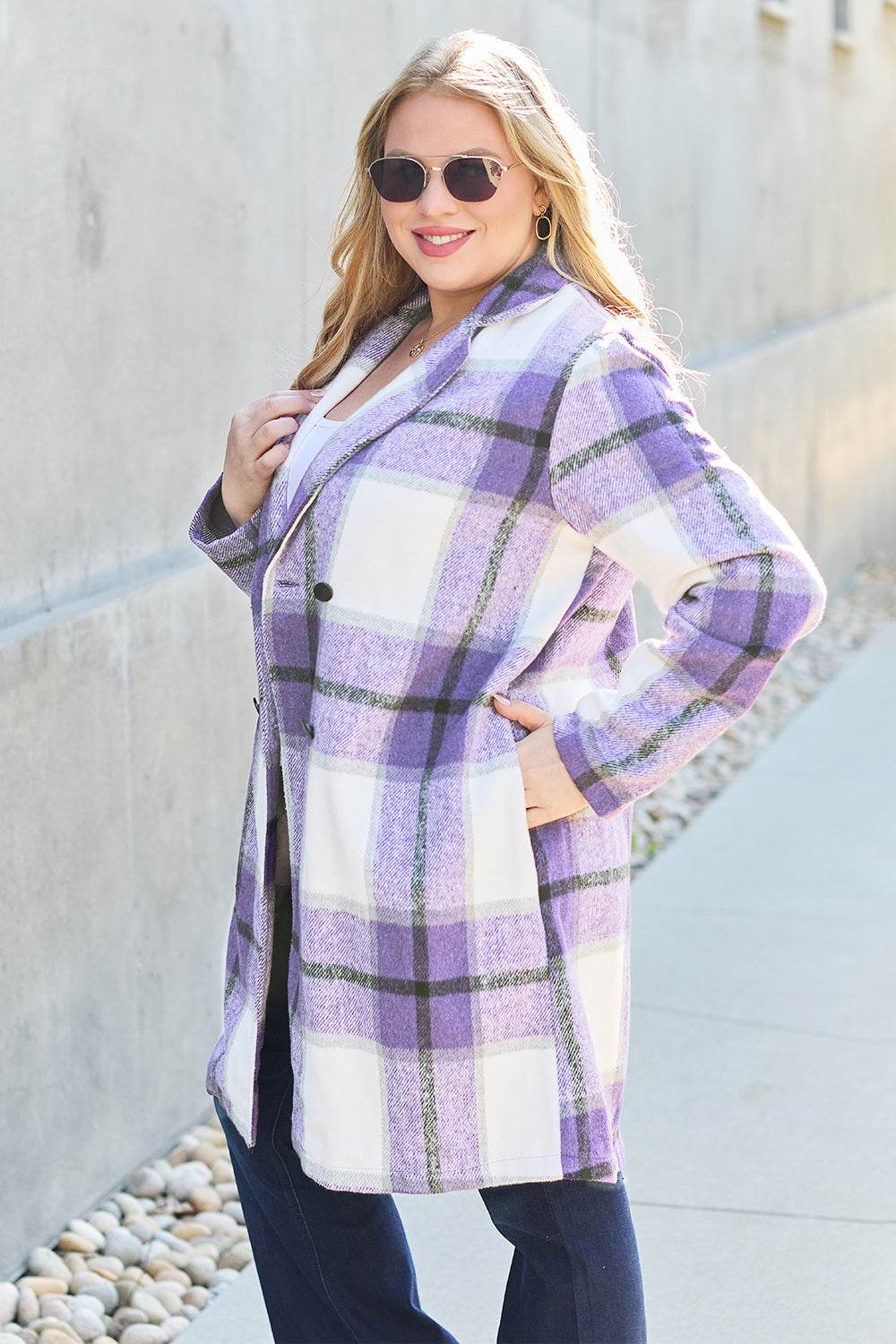 Double Take Full Size Plaid Button Up Lapel Collar Coat - Amexza
