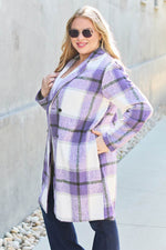 Double Take Full Size Plaid Button Up Lapel Collar Coat - Amexza