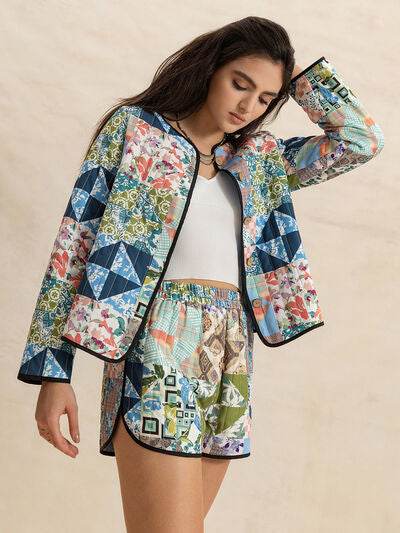 Printed Button Up Long Sleeve Outerwear and Shorts Set Multicolor for a perfect OOTD – dress to impress outfits from Amexza